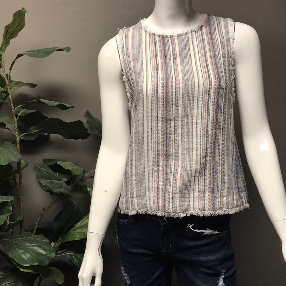 Linen Stripe Tank with Open Back and Button Detail